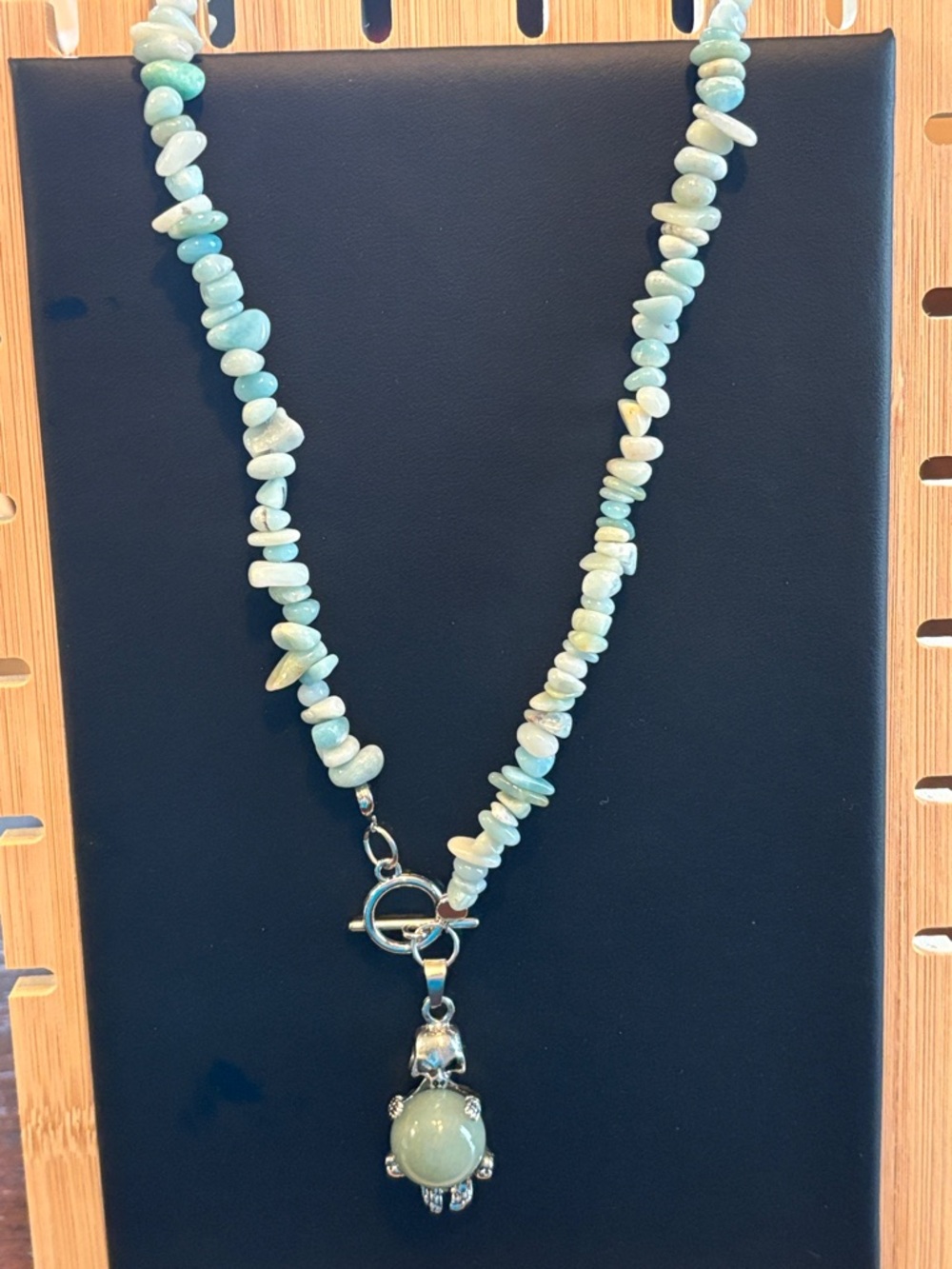 Handcrafted Light Aqua Bead Necklace with Turtle Pendant